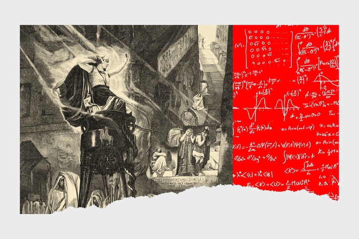 Collage of illustration of Oracle of Delphi and algorithmic equations