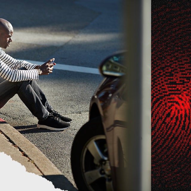 collage of images of Black man sitting on curb and illustration of fingerprint made of binary code