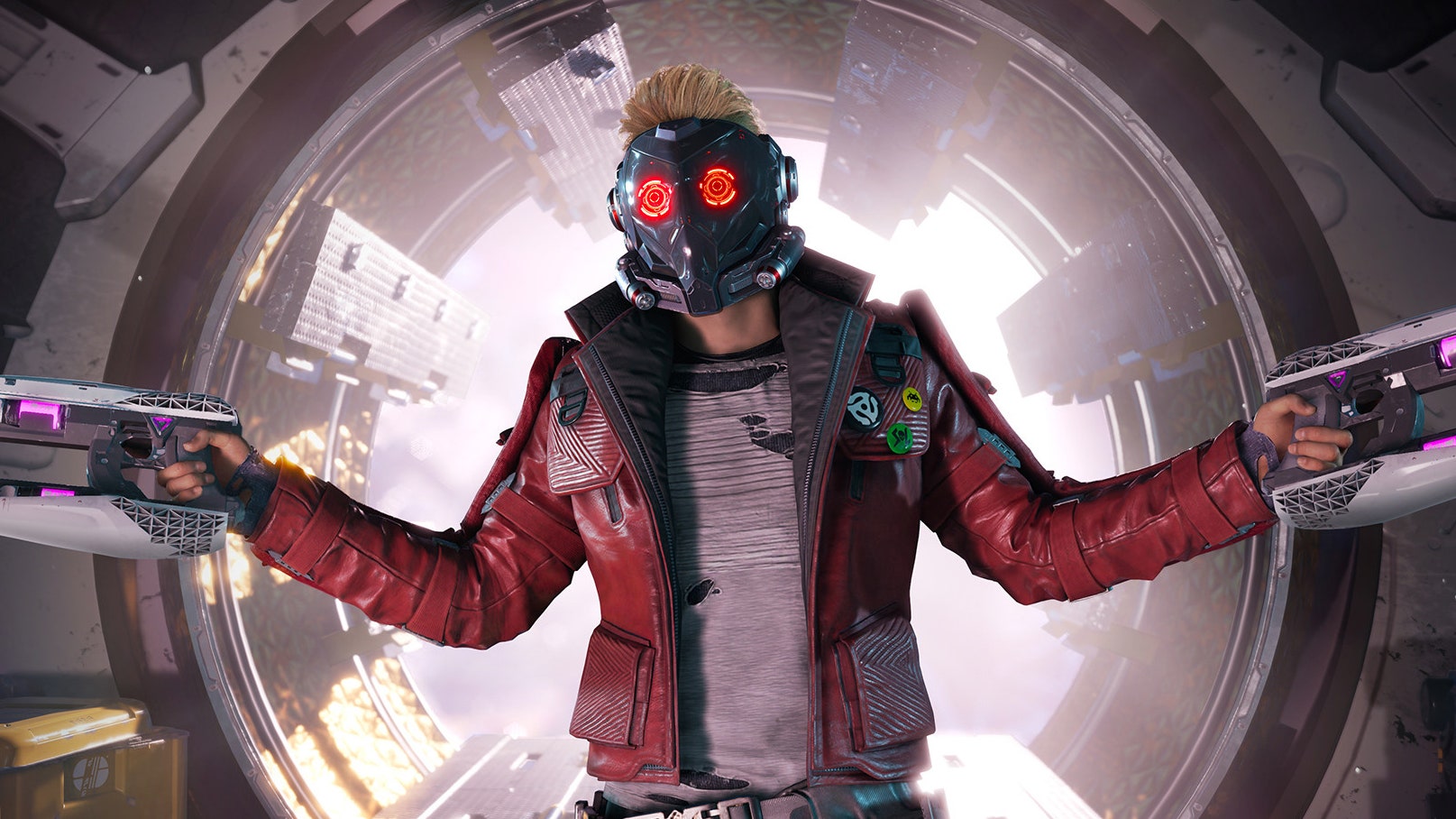 Guardians of the Galaxy game featuring character wearing a mask holding guns 