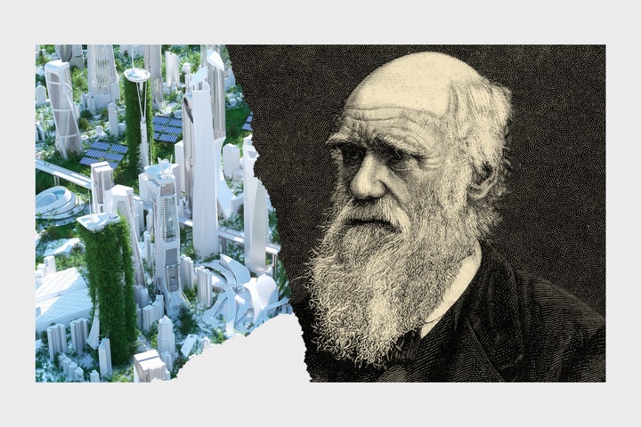 Collage of portrait of Charles Darwin and render of futuristic city covered in plants