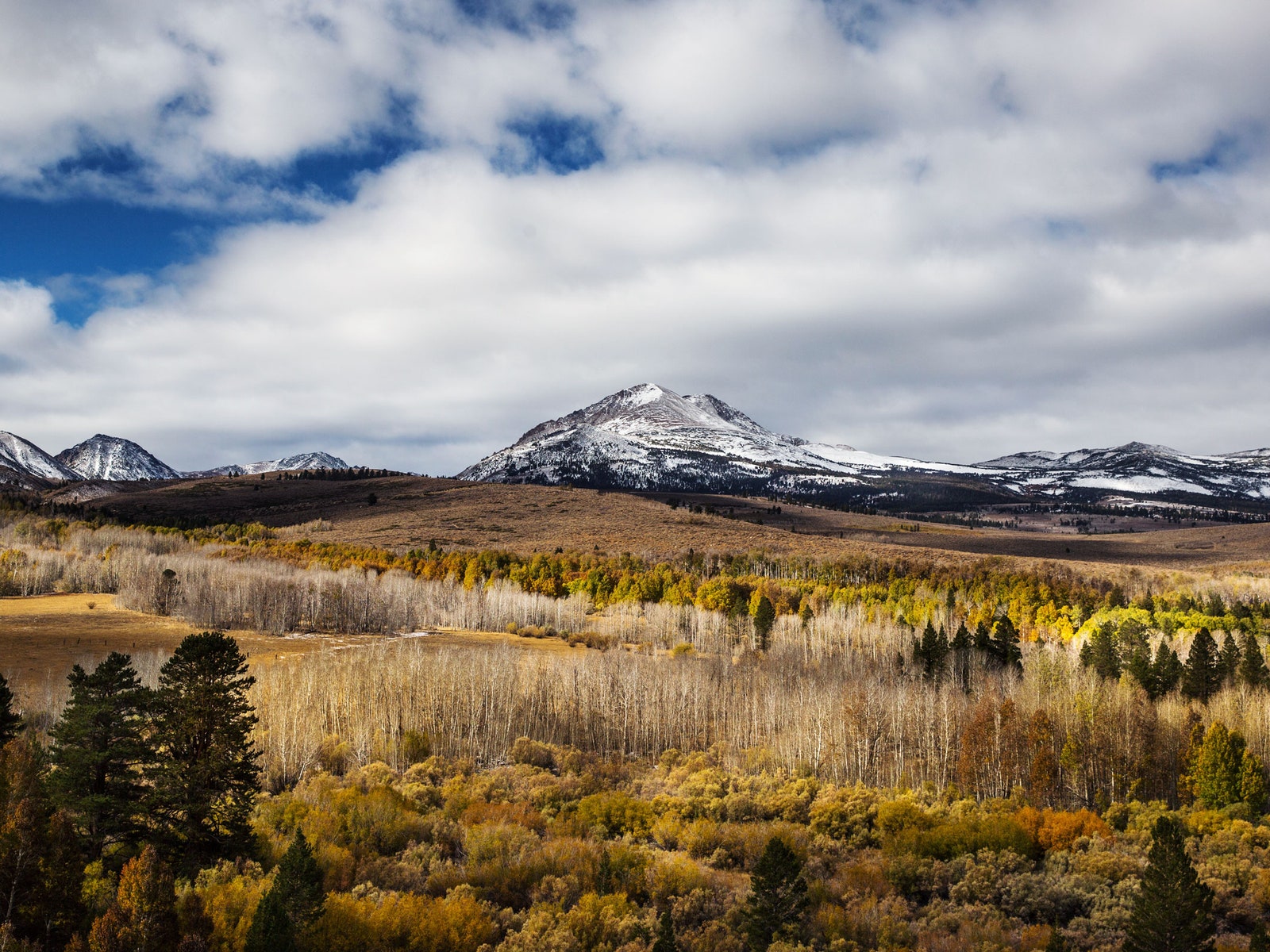 mountain and prairie with little snow on the ground