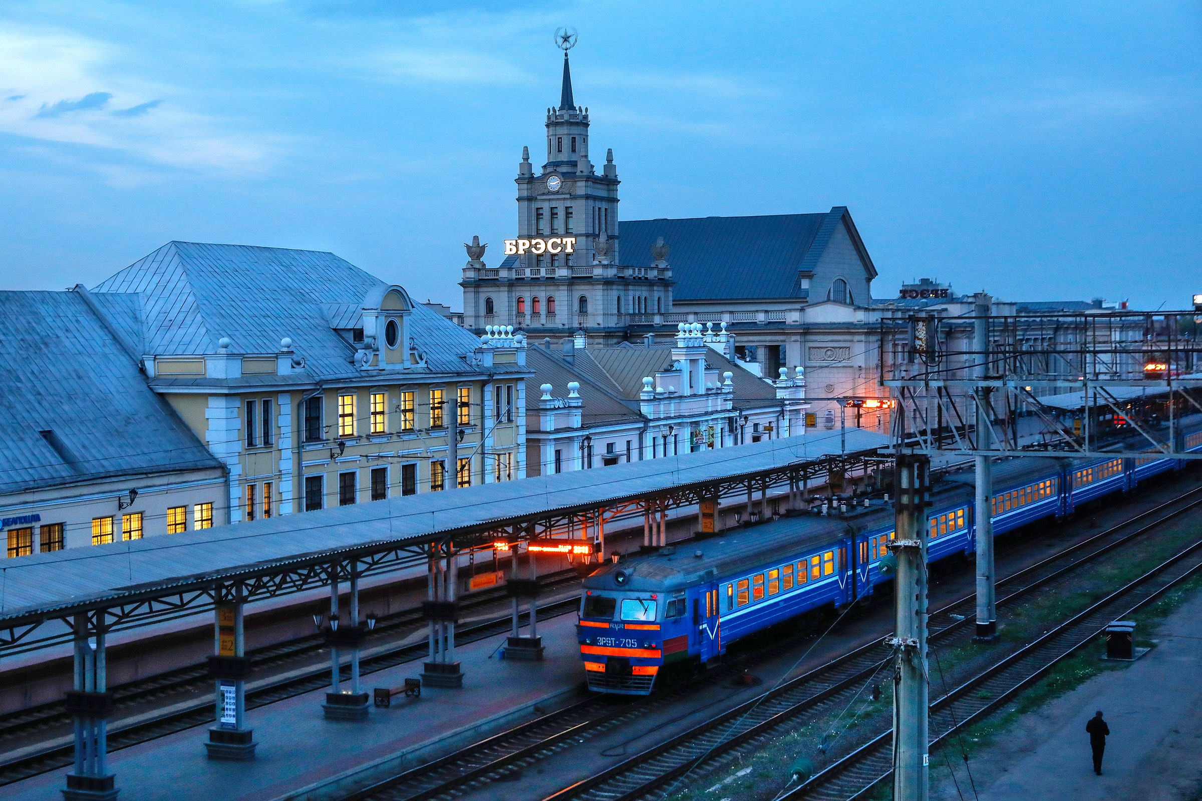 A view of a railway station in Belarus at dusk