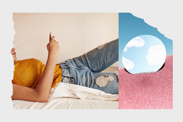 Collage of images of person laying in bed on phone and mirror reflecting the sky