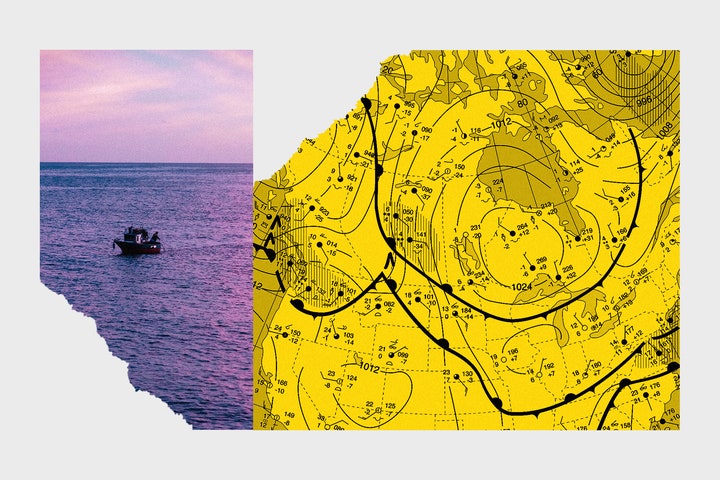 Collage of images of boat against pink sky and weather map graphic