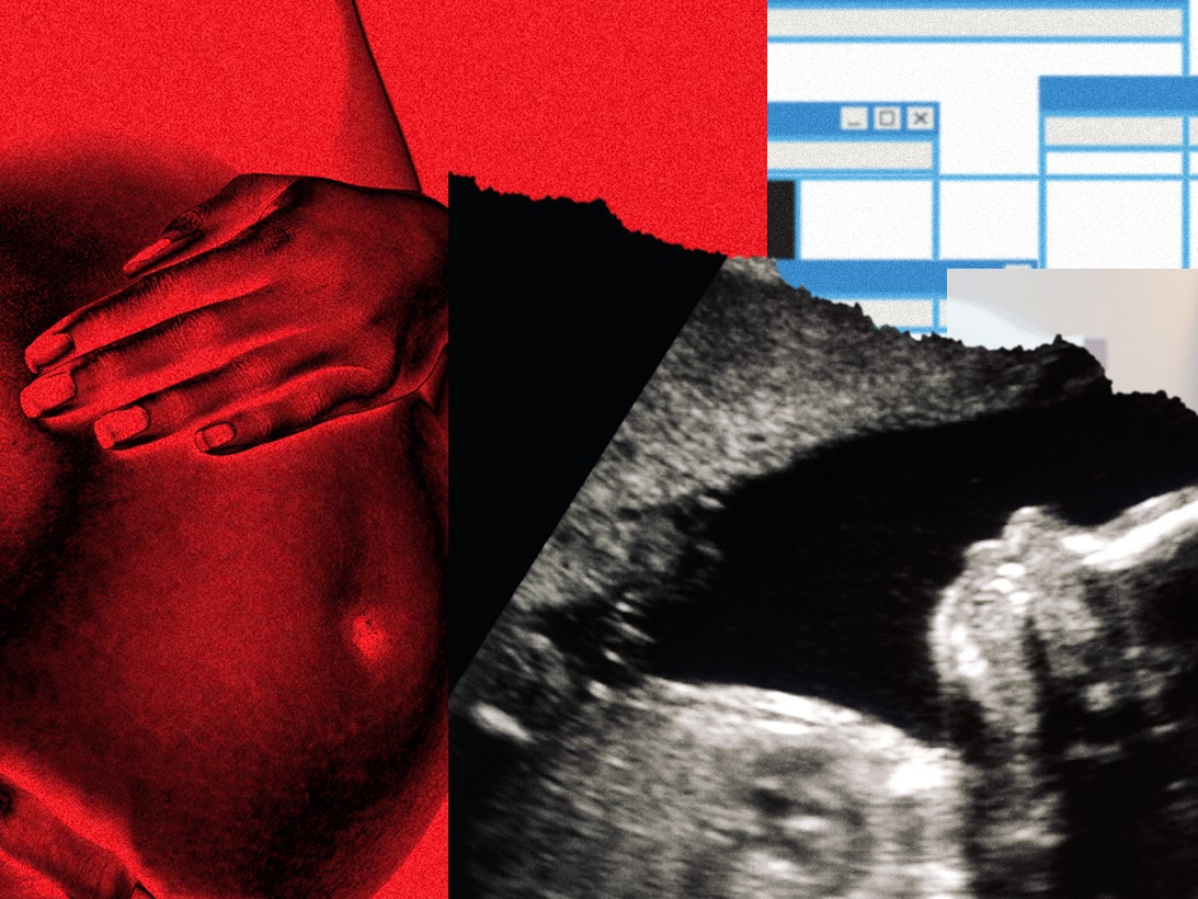 Collage of images of pregnant people, pop-up windows, and ultrasound of fetus