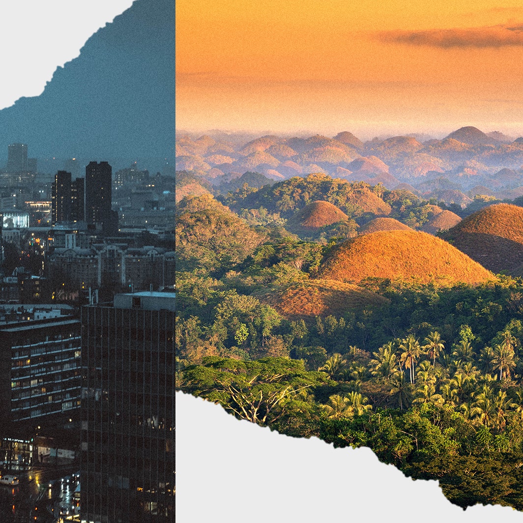 Collage of images of tropical landscape and dark urban city