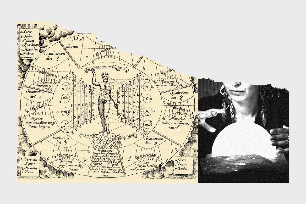 Collage of images of astrological chart and fortune teller